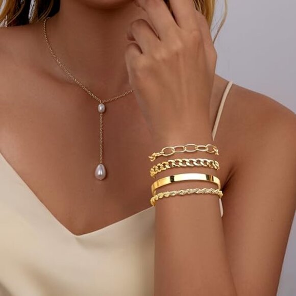 Chunky Stackable Bracelet Set Minimalist Dainty Cuff Chain Layered Trendy - Picture 7 of 7